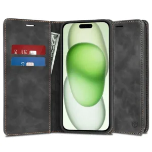 Магнитен калъф Тефтер за iPhone 15 Plus Черен цвят кейс
