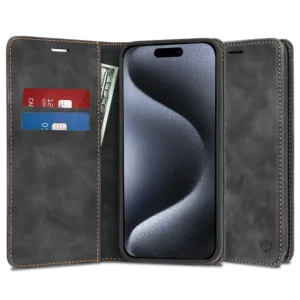 Магнитен калъф Тефтер за iPhone 15 Pro Черен цвят кейс