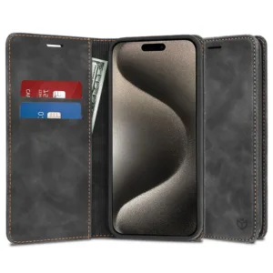 Магнитен калъф Тефтер за iPhone 15 Pro Max Черен цвят кейс