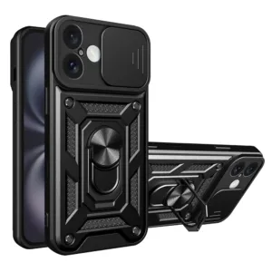 iPhone 16 Plus Противоударен кейс с ринг и камера протект черен