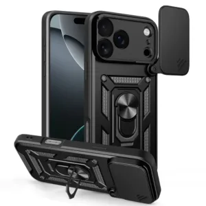 Противоударен калъф с ринг и камера протектор за iPhone 17 Pro Max черен
