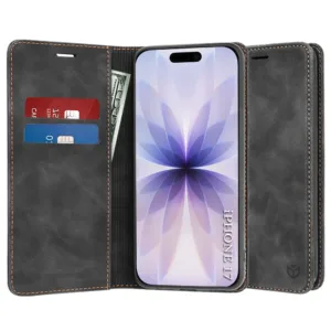 Калъф тефтер за iPhone 17 &ndash; стилен флип кейс с джоб и стойка