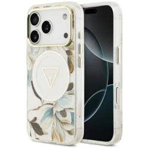 Кейс Guess IML Metal Glitter Flowers Triangle MagSafe за iPhone 17 Pro &ndash; Луксозен блестящ кейс с магнит и премиум защита