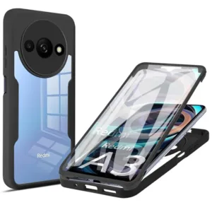 360&deg; Калъф за Xiaomi Redmi A3 &ndash; Прозрачен, Удароустойчив TPU + Поликарбонат&nbsp;черен