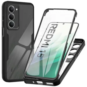 360 Калъф за Xiaomi Redmi 15 &ndash; Прозрачен, Удароустойчив TPU + Поликарбонат&nbsp;черен