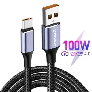 Techsuit 100W USB към Type-C кабел за супер бързо зареждане 6A, 480Mbps, 1m &ndash; Черен (PCB018)
