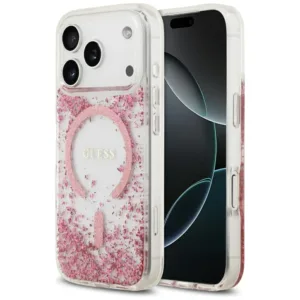 Калъф за iPhone 17 Pro &ndash; Guess Resin Bottom Glitter MagSafe (GUHMP17LRGRGEP) &ndash; Розов &ndash; защита с блясък