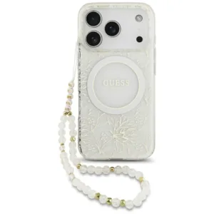 Калъф за iPhone 18 Pro / iPhone 17 Pro Guess IML Flowers, бял
