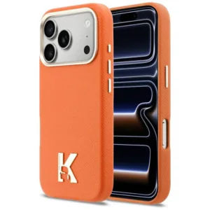 Калъф за iPhone 18 Pro / iPhone 17 Pro Karl Lagerfeld Leather FW KHead Logo MagSafe, оранжев