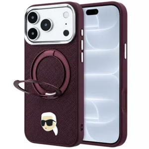 Калъф за iPhone 18 Pro / iPhone 17 Pro Karl Lagerfeld Leather Ring Stand 360 K Pin MagSafe, бордо