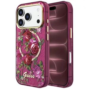 Калъф Guess IML Glitter Blossom Roses MagSafe за iPhone 18 Pro Max / iPhone 17 Pro Max (GUHMP18X6HTBGSLU) бордо